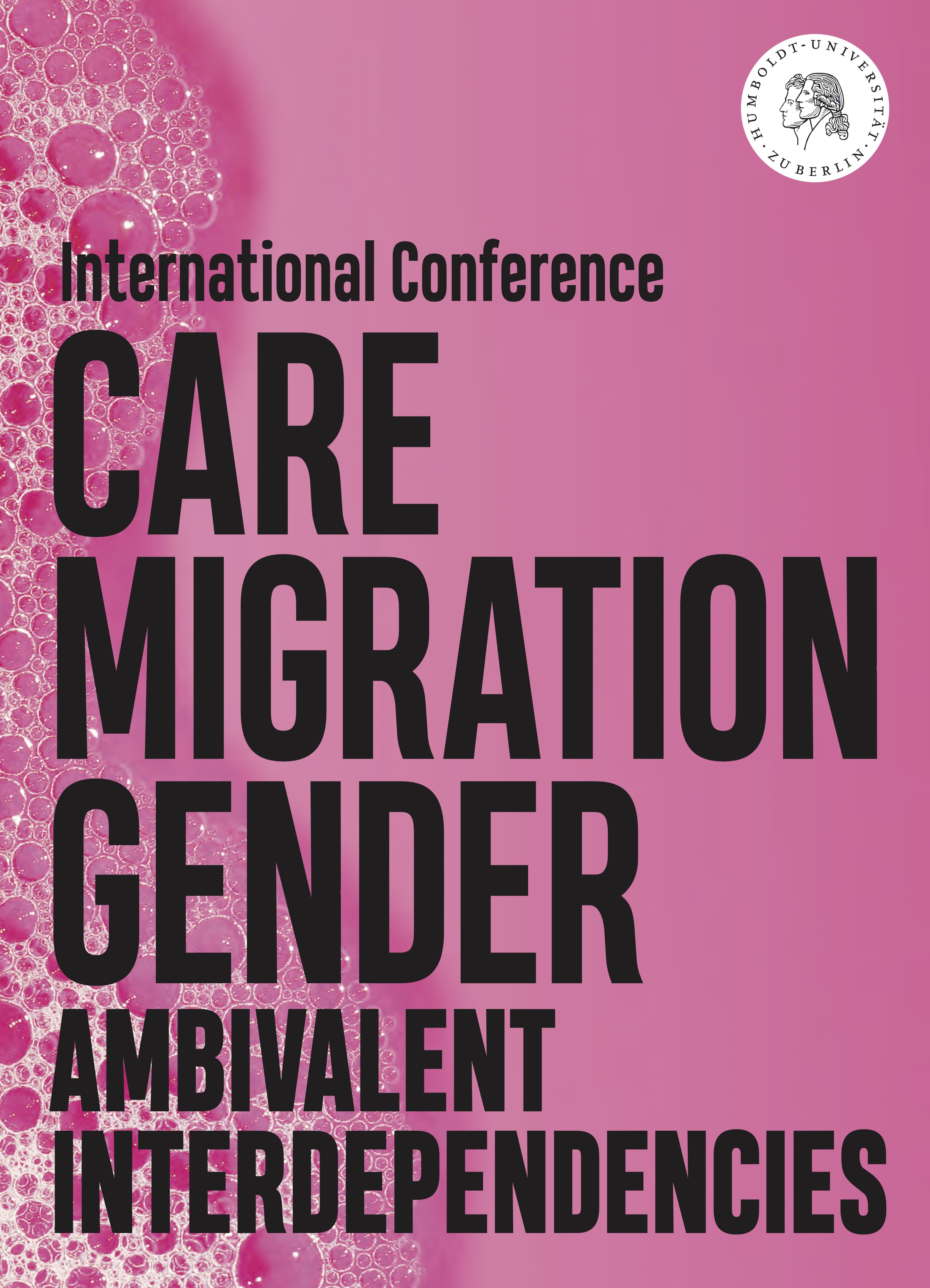 Pinker Hintergrund mit weißem Schaum, Text International Conference Care Migration Gender Ambivalent Interdependencies